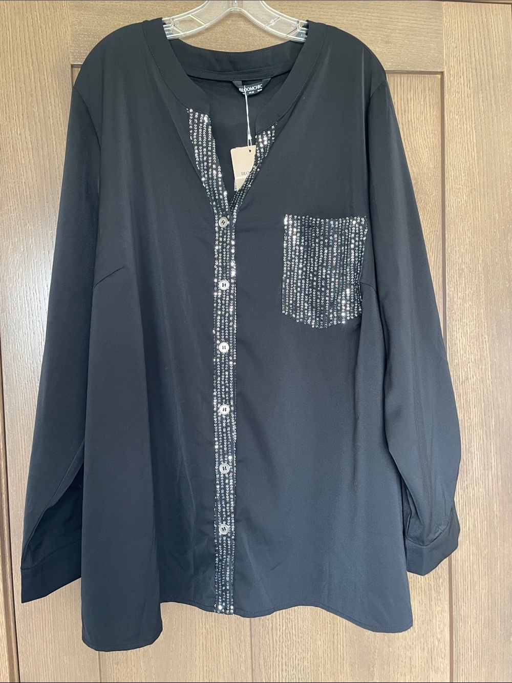 BloomChic Black Long-Sleeve Blouse with Sequin Trim NWT